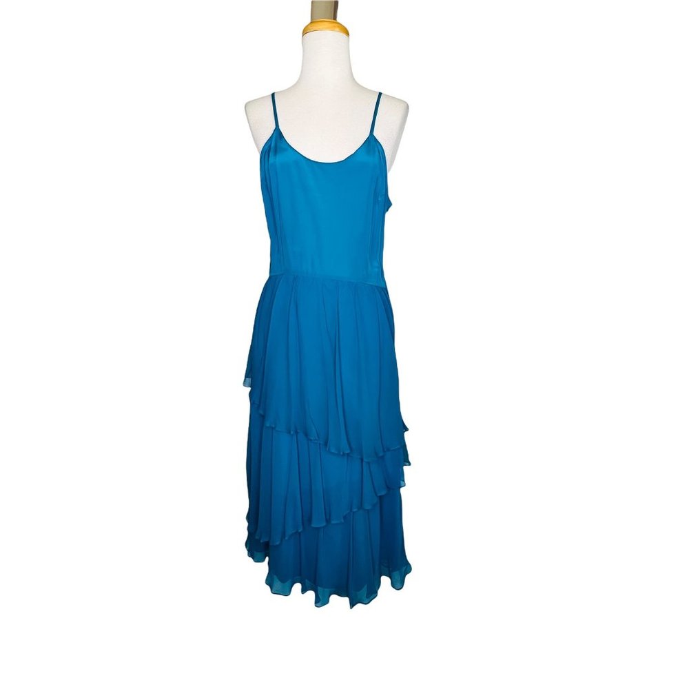 The Silk Farm Tiered Ruffled Teal Dress with Spaghetti Straps Sz 8 Vintage 1970s - Picture 2 of 9